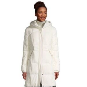LANDS’ END WHITE DOWN/FEATHER LONG‎ WINTER SNOW COAT STYLISH APSEN EUC
